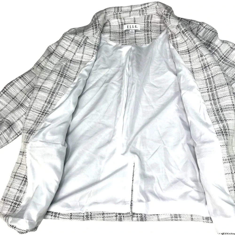 Elle Open Front White Black Plaid Blazer Jacket Womens Size M (R10376)‎